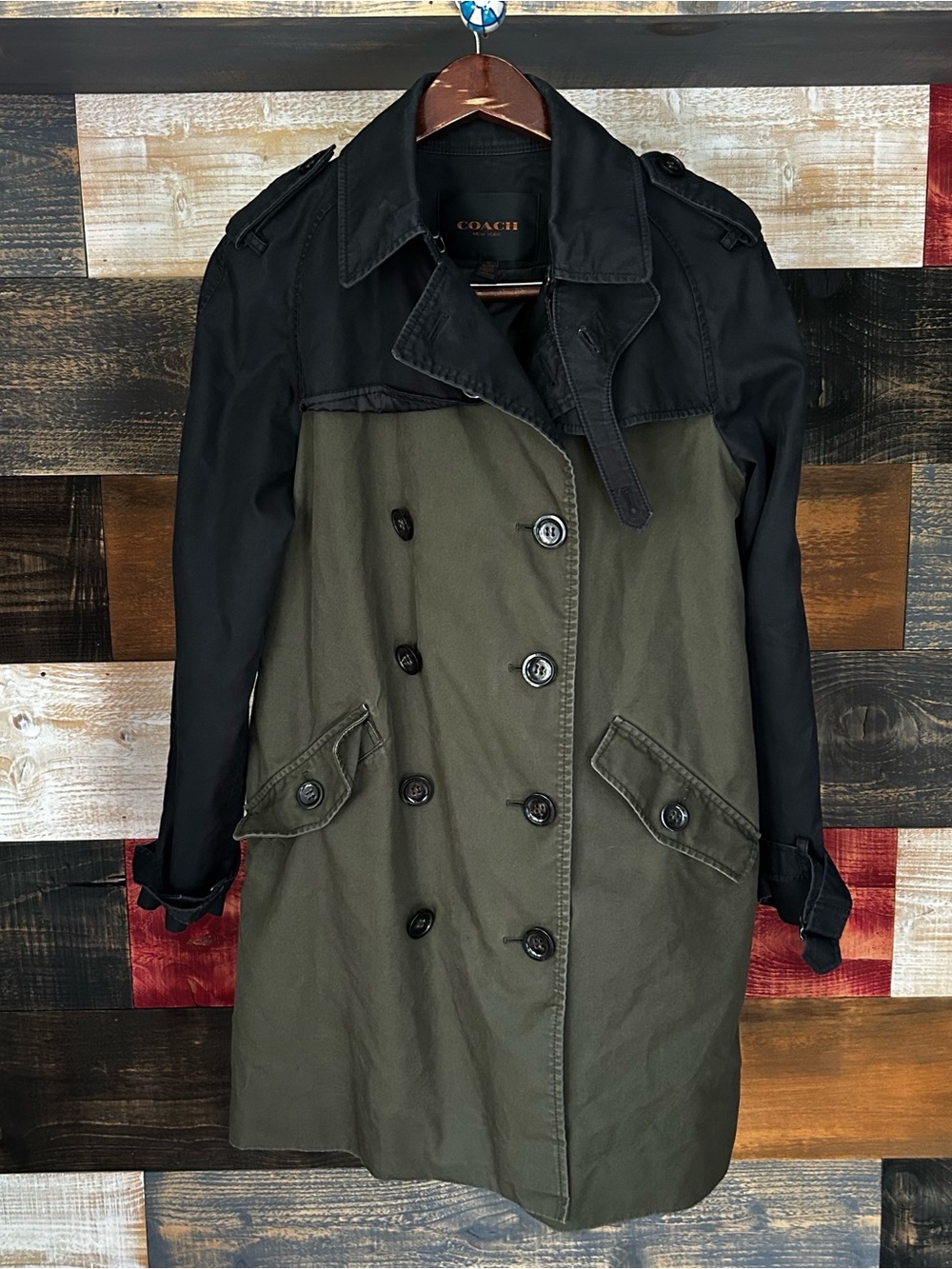 COACH Two-Tone Olive & Black Trench Coat medium women canvas cotton